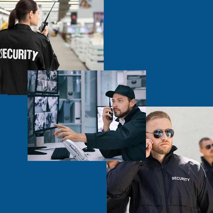Security Φύλακες σε διάφορες εργασίες, μια γυναίκα security σε κατάστημα, ένας άνδρας security σε οθόνες κλειστού κυκλώματος cctv και μια ομάδα security σε εξωτερικό χώρο.